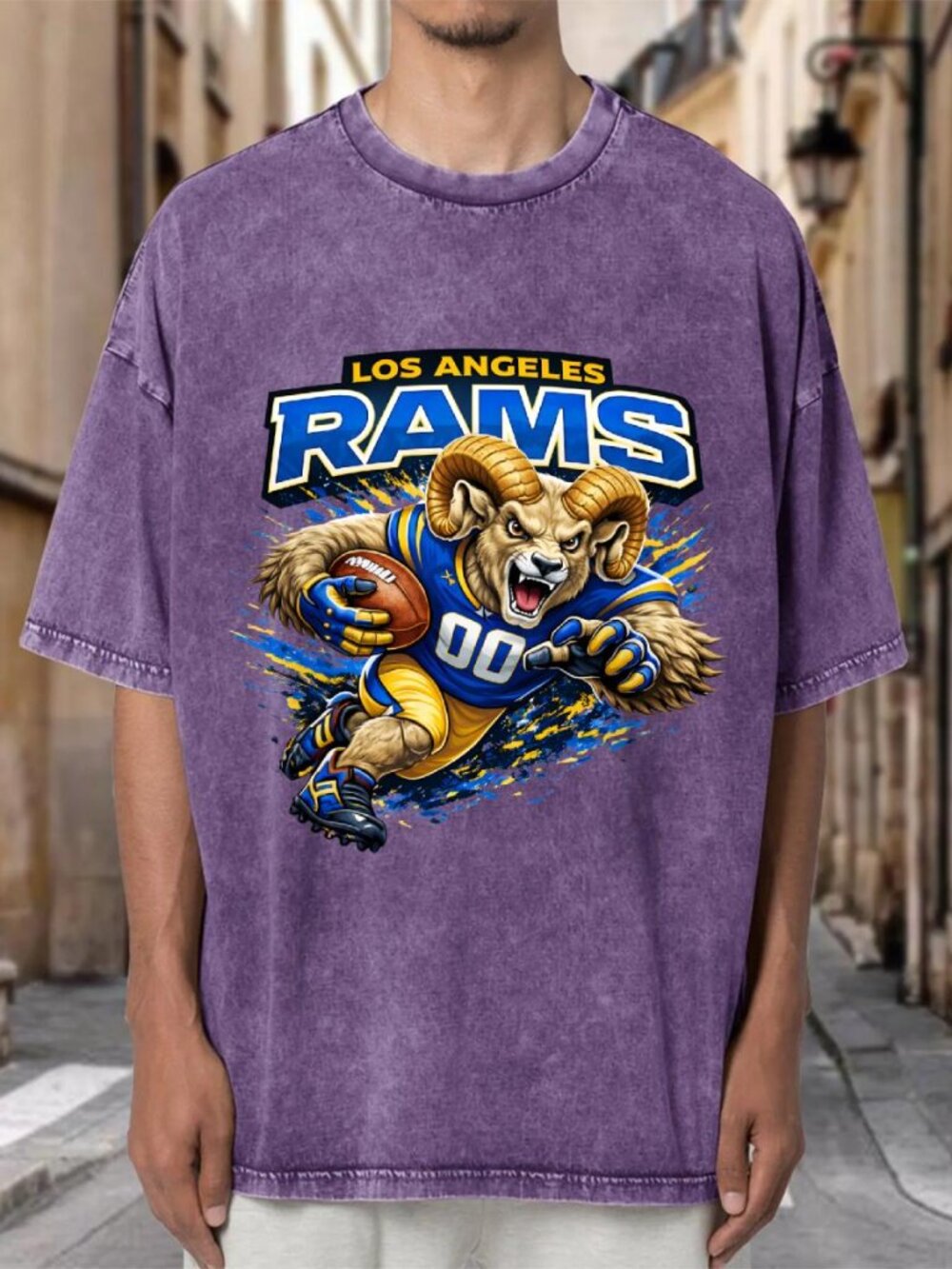 Los Angeles Rams Ram Mascot NFL Purple Mineral Wash Oversized Tee JIDEPZ5EFA04